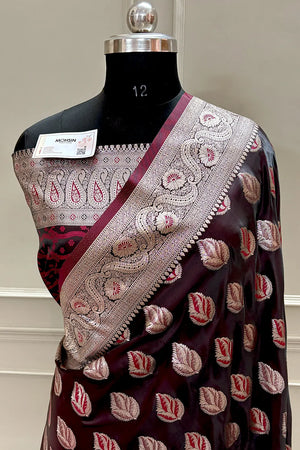 Wine Golden Zari Katan Silk Banarasi Saree
