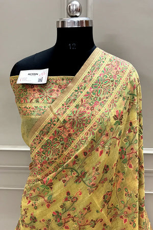 Yellow Printed Linen Silk Banarasi Saree
