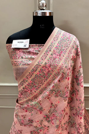 Baby Pink Printed Linen Silk Banarasi Saree