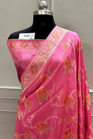 Baby Pink Rosy Jaal Georgette Silk Banarasi Saree