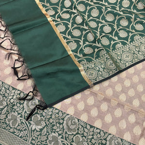 Beige and Bottle Green Gulkan Buti Satin Silk Banarasi Suit