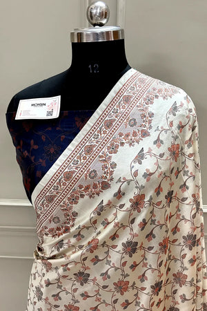 Beige and Navy Blue Resham Silk Banarasi Saree