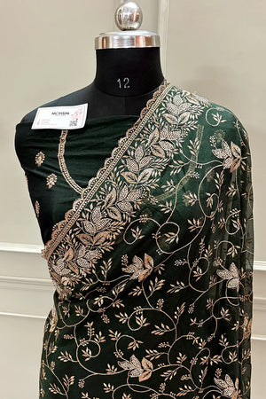 Bottle Green Embordiery Siroski Work Silk Saree