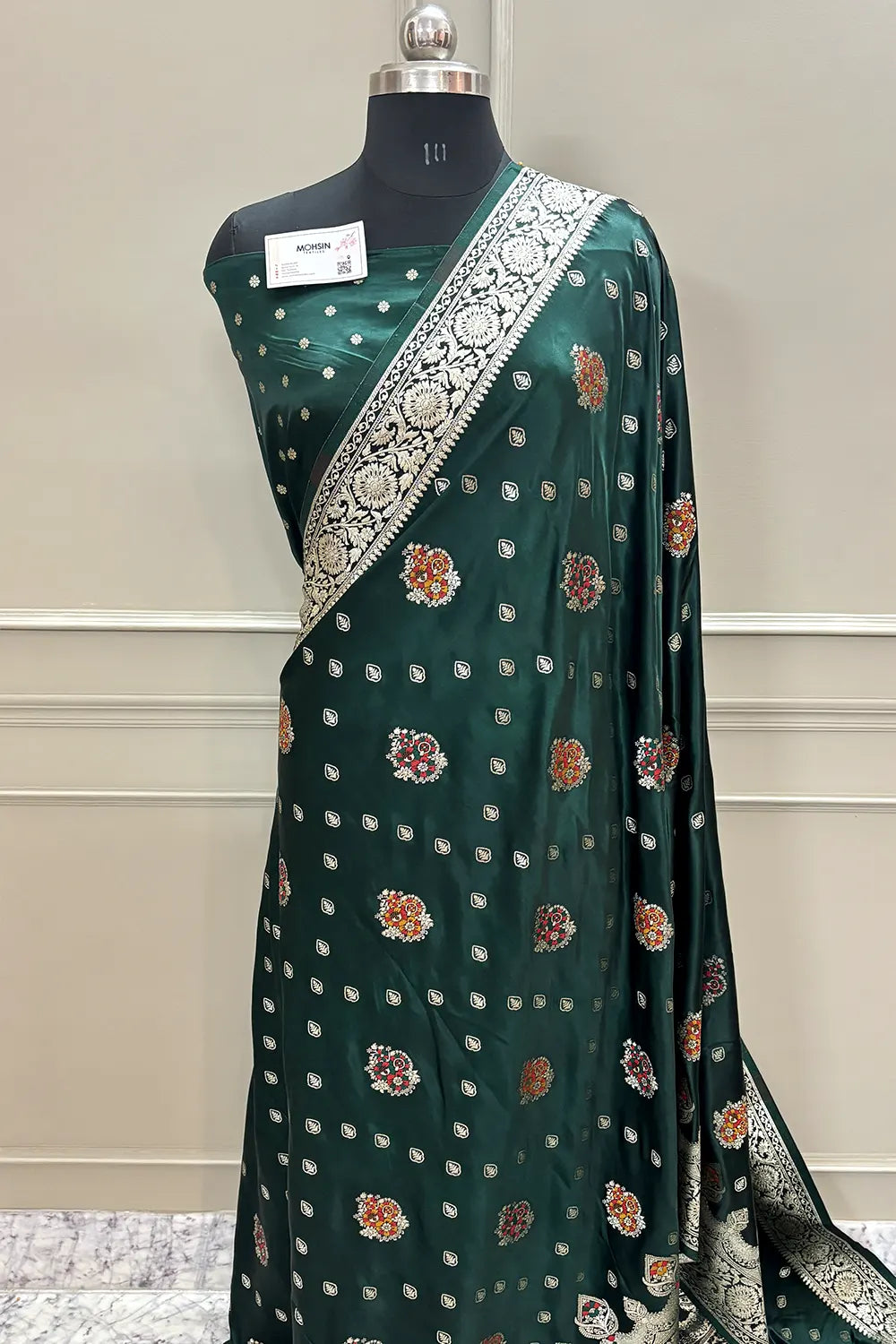 Bottle Green Pangi Buti Katan Silk Banarasi Saree