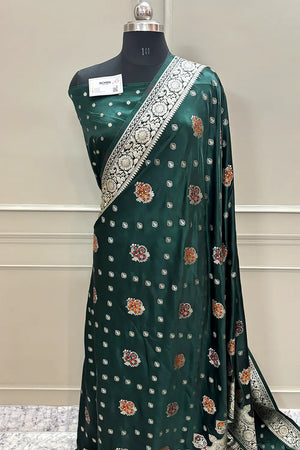 Bottle Green Pangi Buti Katan Silk Banarasi Saree
