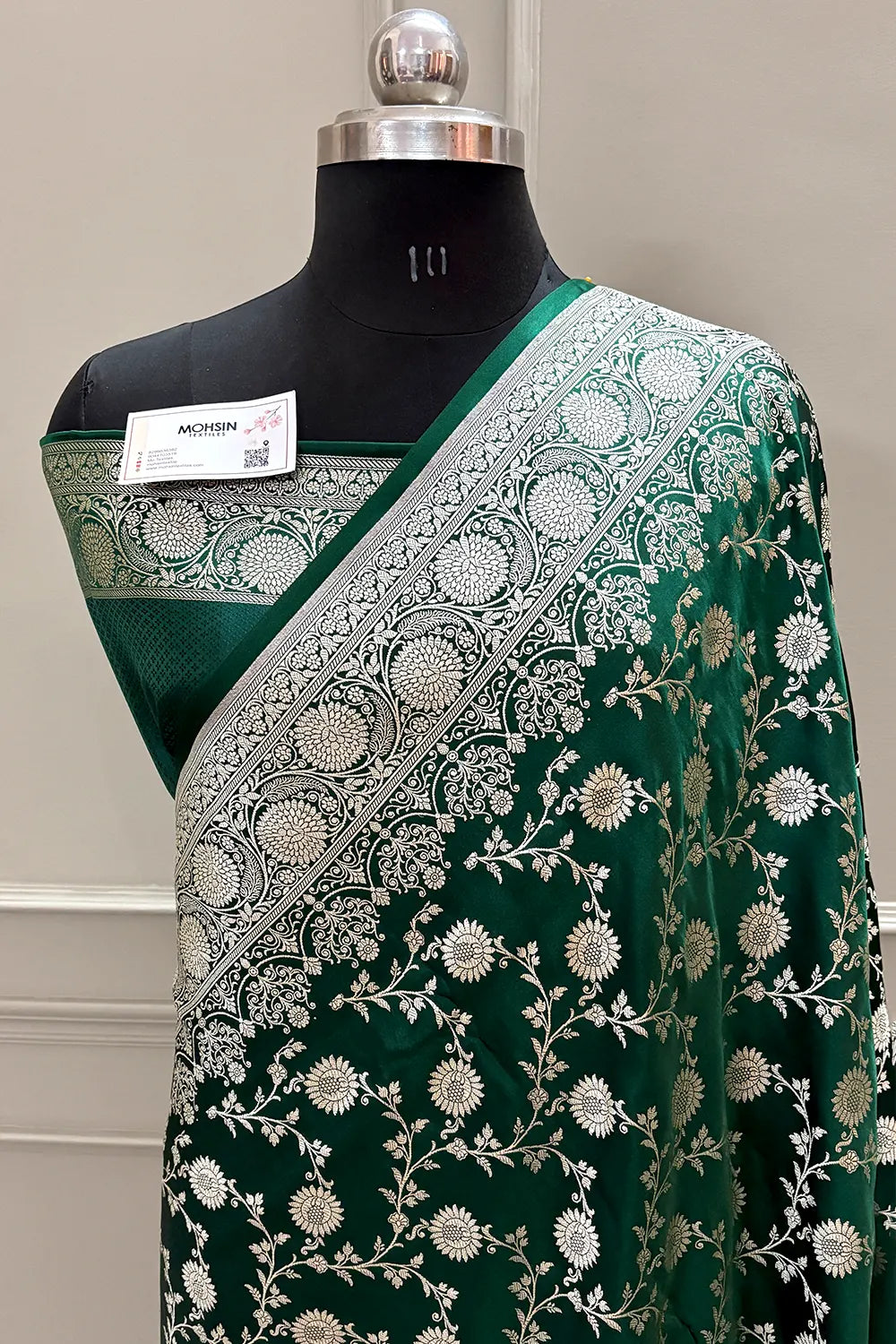 Bottle Green Surajmukhi Jaal Katan Silk Banarasi Saree