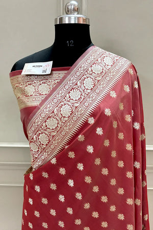 Dusty Wine Golden Zari Crepe Silk Banarasi Saree