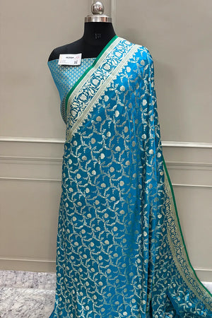 Firozi Chandramukhi Jaal Katan Silk Banarasi Saree