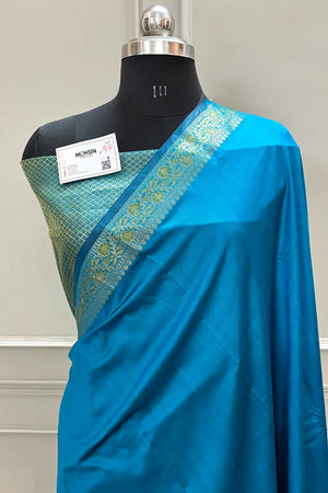 Firozi Plain Golden Zari Silky Banarasi Saree