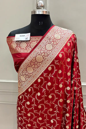Maroon Eragon Jaal Katan Silk Banarasi Saree