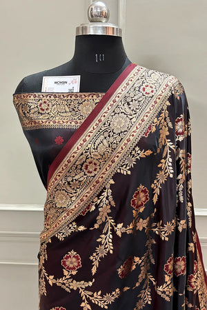 Maroon Henna Jaal Katan Silk Banarasi Saree