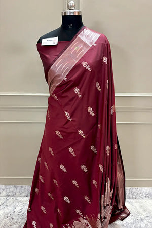 Maroon Kalyug Satin Silk Banarasi Saree