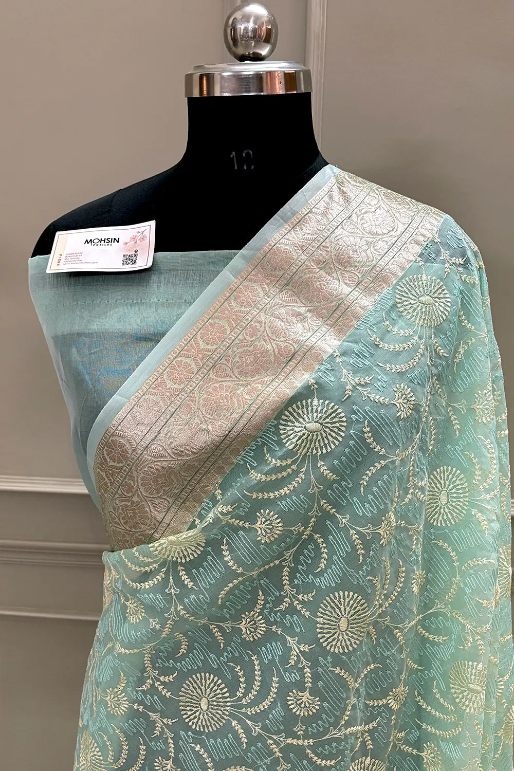Mint Green Embroidery Organza Silk Banarasi Saree