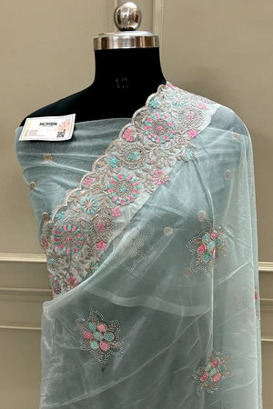 Mint Green Embroidery Siroski Brasso Net Saree