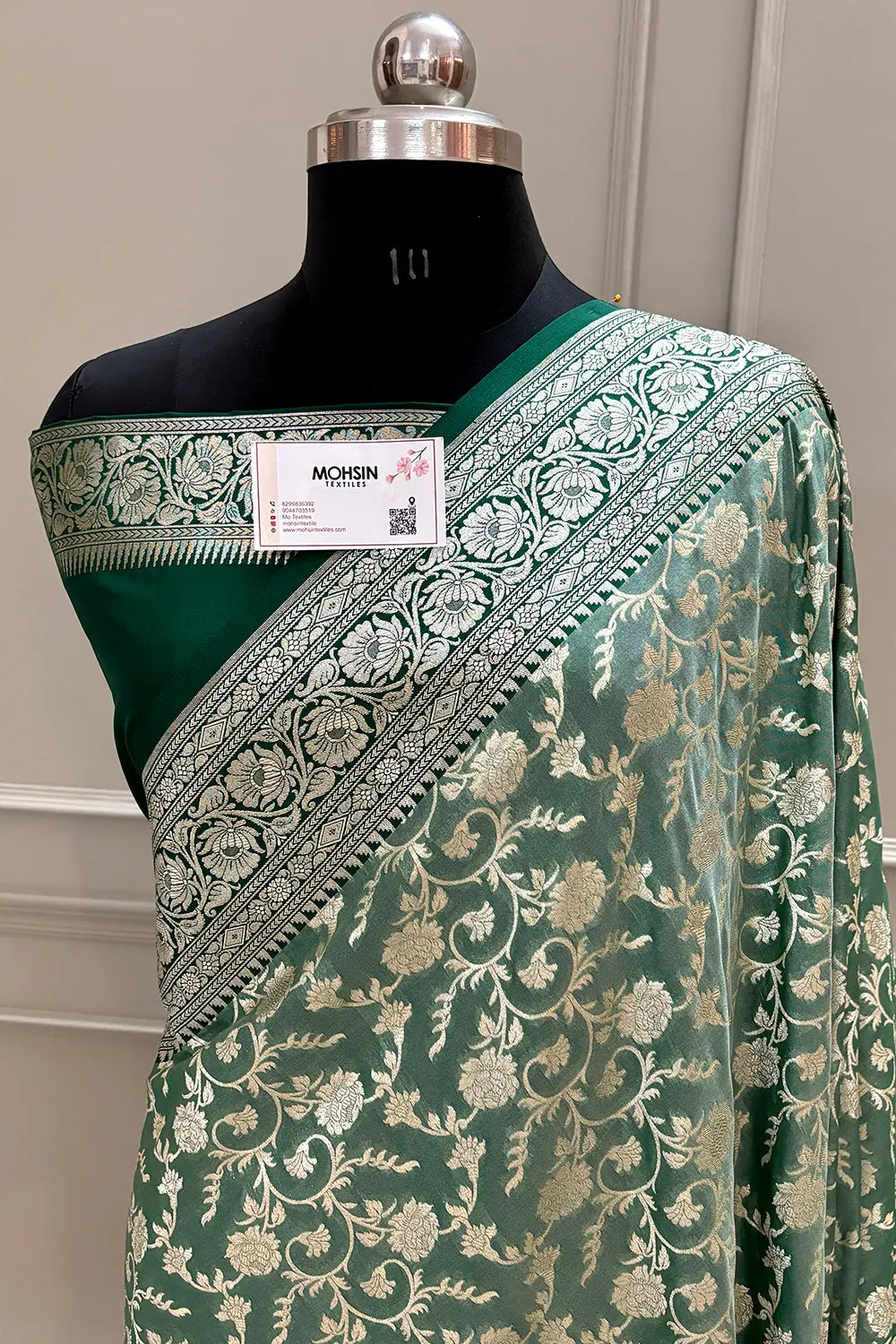 Mint and Bottle Green Gulabi Jaal Katan Silk Banarasi Saree