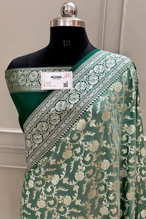 Mint and Bottle Green Gulabi Jaal Katan Silk Banarasi Saree
