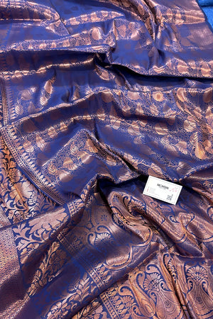 Navy Blue Antique Zari Satin Silk Banarasi Saree