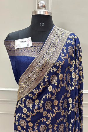 Navy Blue Golden Zari Georgette Silk Banarasi Saree