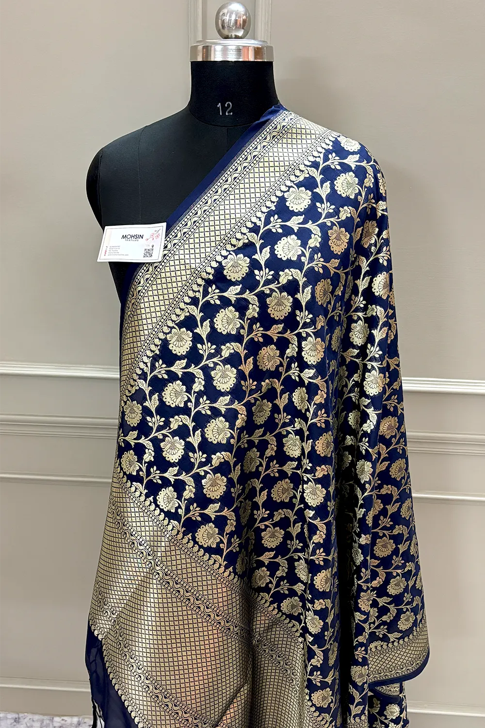 Navy Blue Golden Zari Katan Silk Banarasi Dupatta