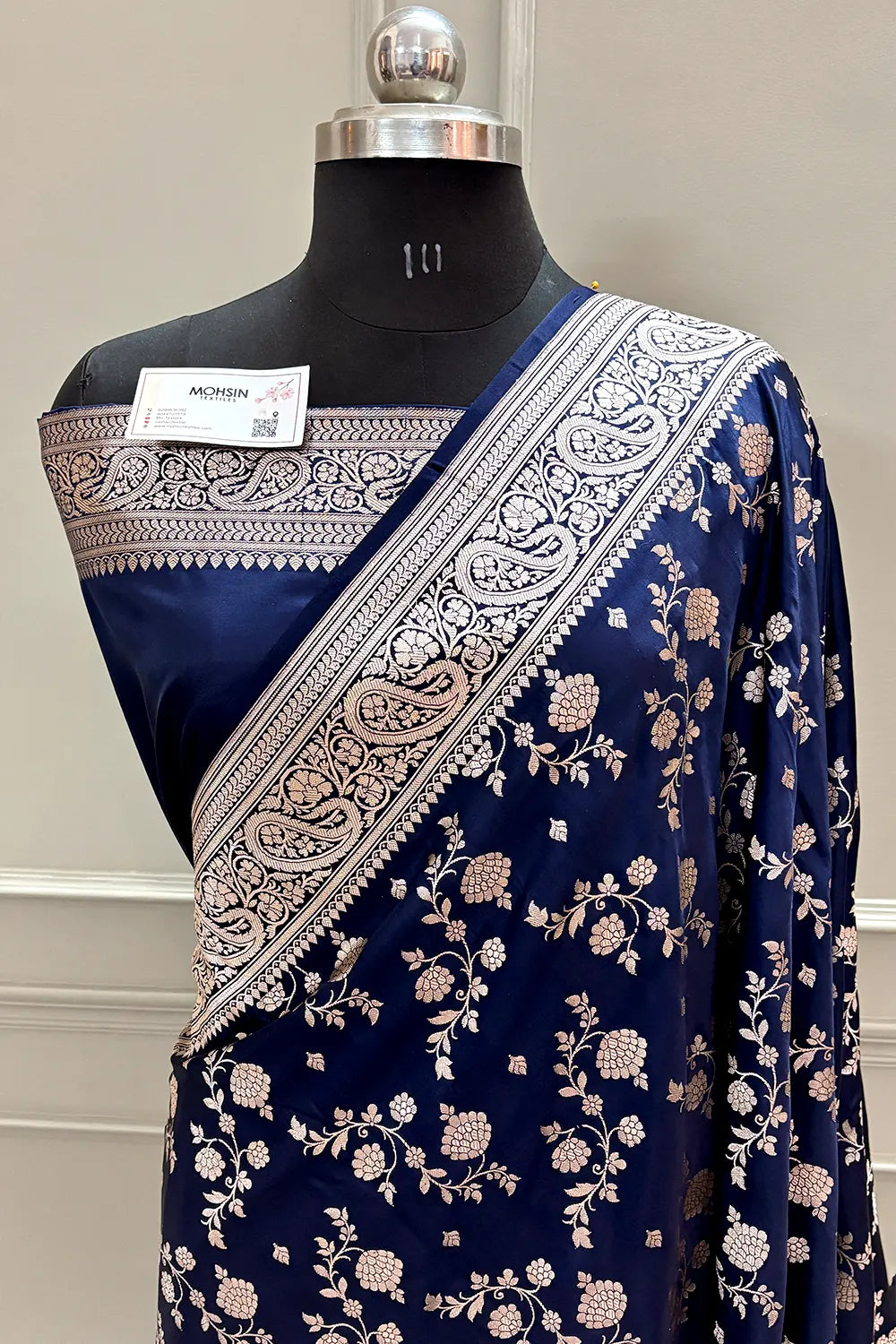 Navy Blue Nafis Jaal Katan Silk Banarasi Saree