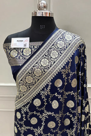 Navy Blue Pankhuri Jaal Katan Silk Banarasi Saree