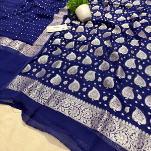 Navy Blue Patta Handloom Georgette Silk Banarasi Suit