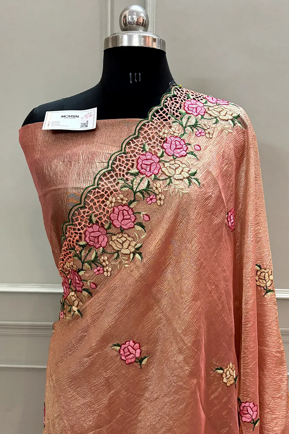 Peach Crush Embroidery Tissue Silk Banarasi Saree