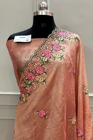 Peach Crush Embroidery Tissue Silk Banarasi Saree