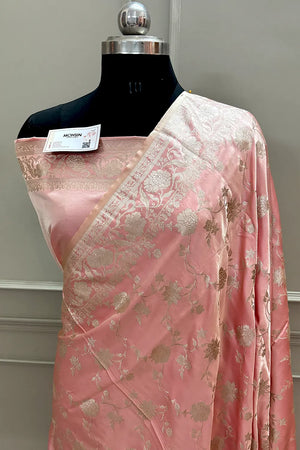Peach Kesari Jaal Katan Silk Banarasi Saree