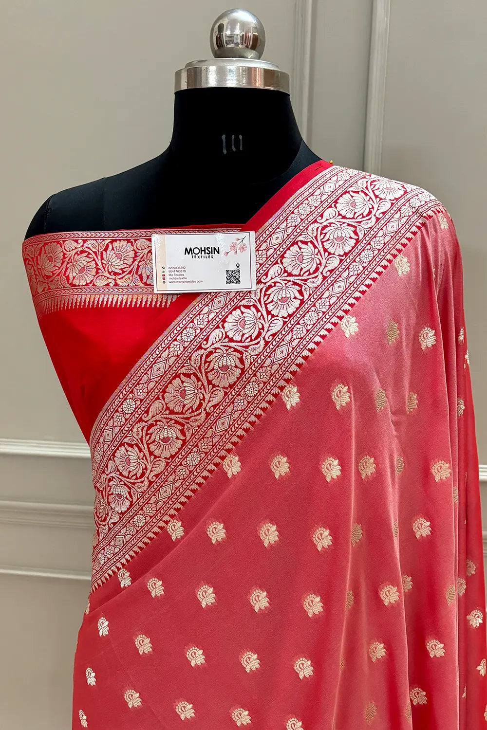 Peach and Red Ghonga Buti Katan Silk Banarasi Saree
