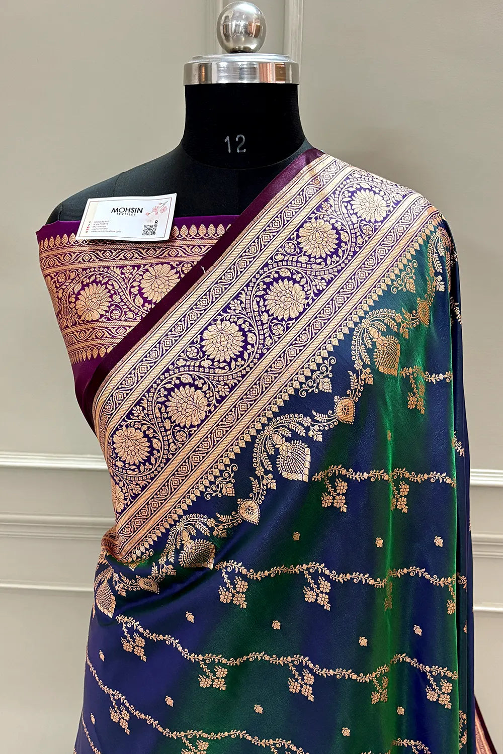 Peacock Blue and Purple Golden Zari Katan Silk Banarasi Saree