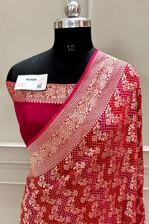 Pink Bandhej Georgette Silk Banarasi Saree