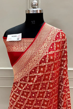Red Bandhej Georgette Silk Banarasi Saree