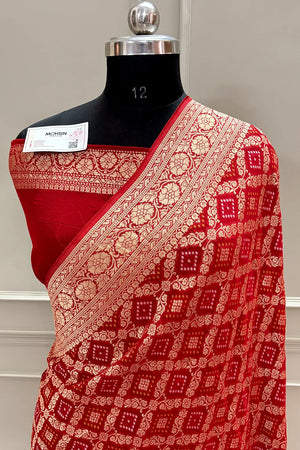 Red Bandhej Georgette Silk Banarasi Saree