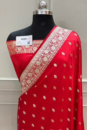 Red Flying Buti Katan Silk Banarasi Saree