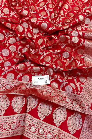 Red Golden Zari Katan Silk Banarasi Dupatta