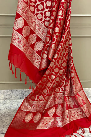 Red Patti Jaal Katan Silk Banarasi Dupatta