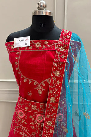 Red and Firozi Zariwork Semi Stitched Velvet Lahenga