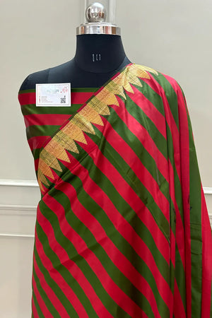Red and Green Stripe Plain Satin Silk Banarasi Saree