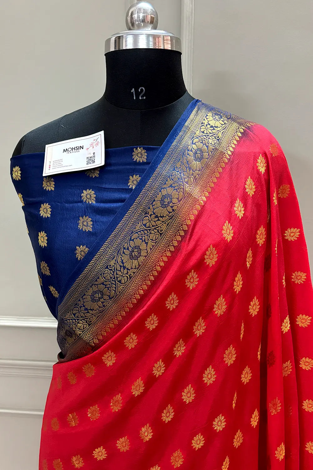 Red and Navy Blue Golden Zari Silky Banarasi Saree
