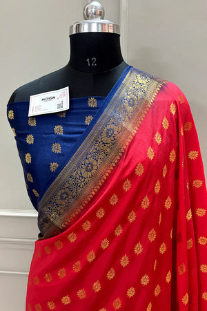 Red and Navy Blue Golden Zari Silky Banarasi Saree