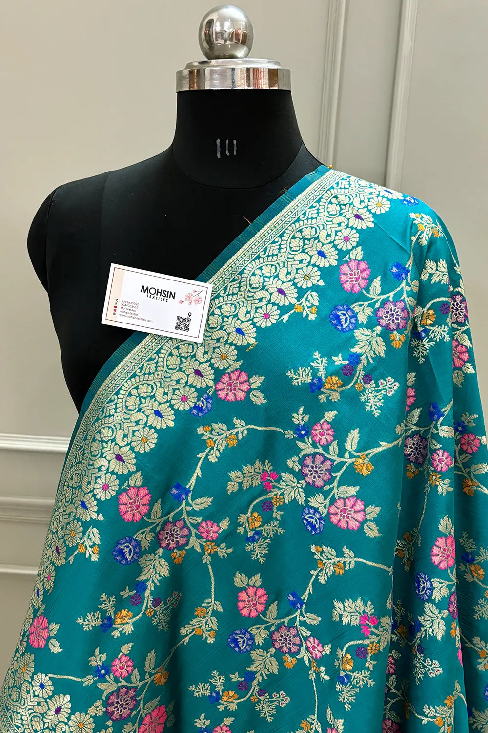 Teal Golden Zari Katan Silk Banarasi Dupatta