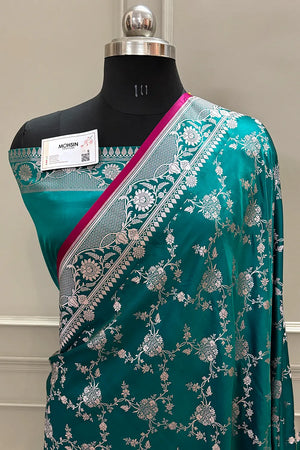Teal Jhanjaal Katan Silk Banarasi Saree