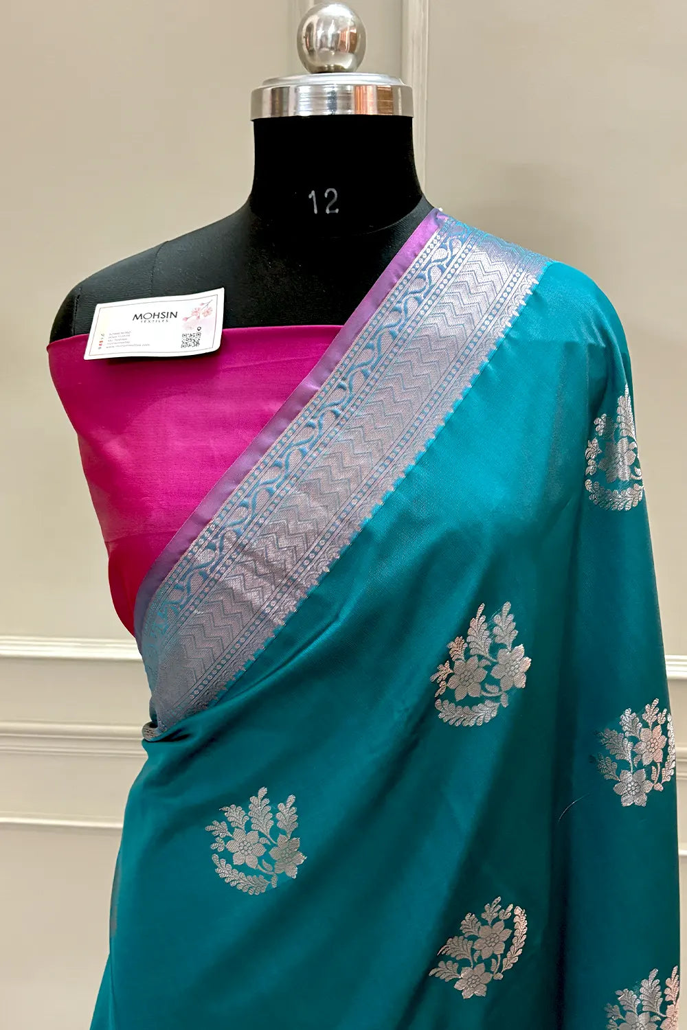 Teal and Pink Golden Zari Banarasi Silk Saree