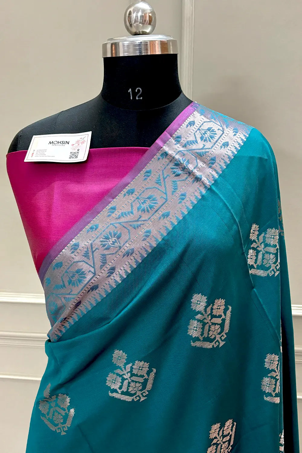 Teal and Pink Golden Zari Banarasi Silk Saree