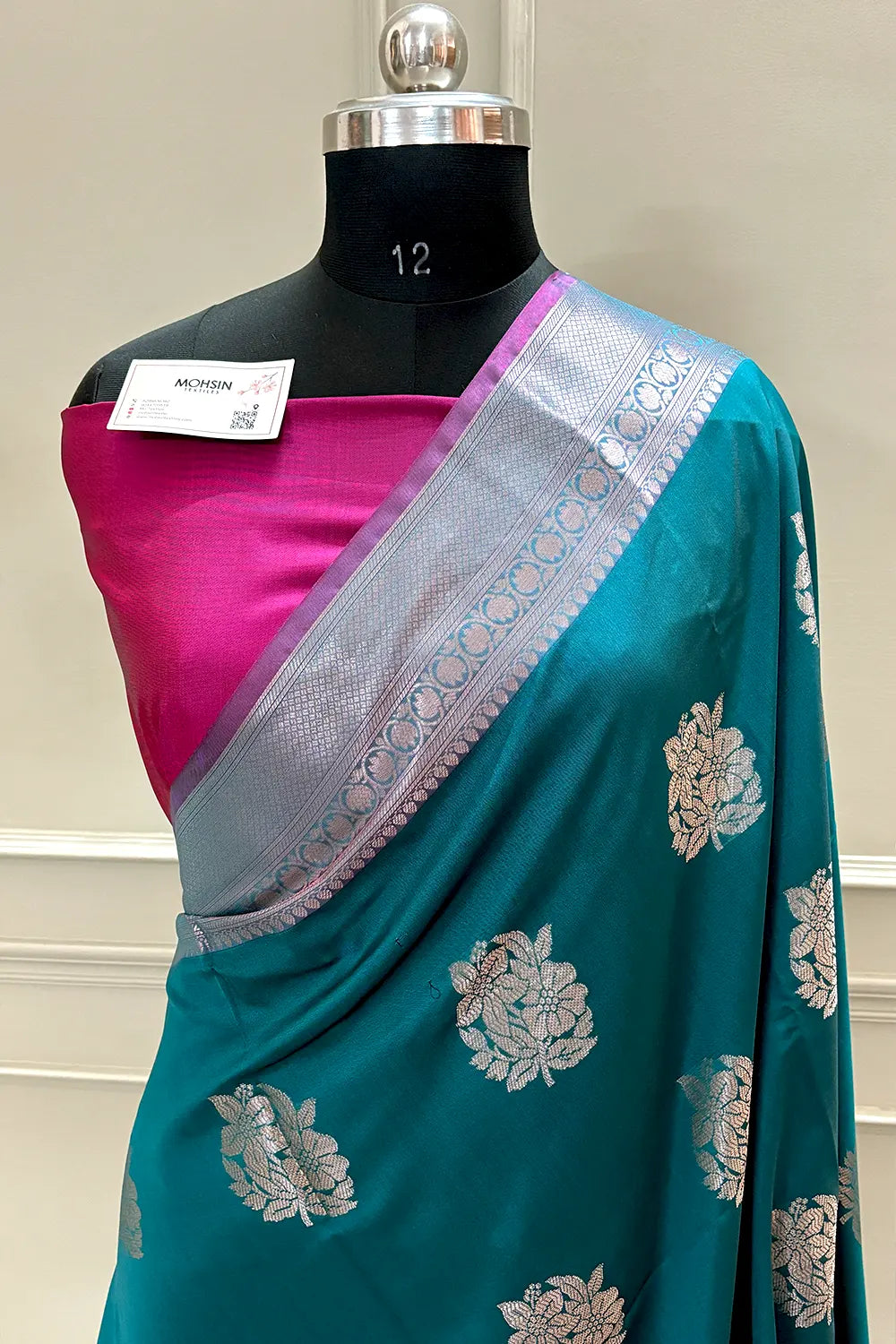Teal and Pink Golden Zari Banarasi Silk Saree