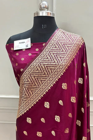 Wine Chagan Patti Katan Silk Banarasi Saree
