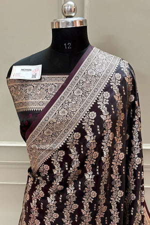 Wine Golden Zari Katan Silk Banarasi Saree