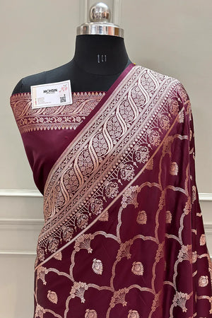 Wine Mughal Mehrab Katan Silk Banarasi Saree