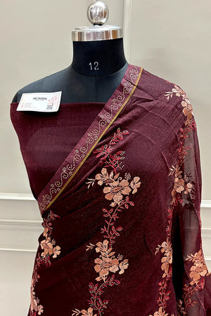 Wine Embordiery Siroski Work Georgette Silk Saree